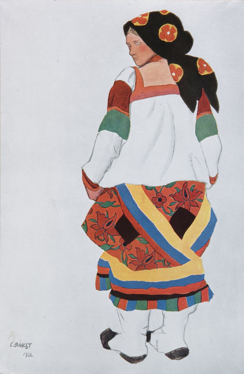 Talonpoikanainen. Pukusuunnittelu Vaudeville Old Moskovaan Théâtre Feminassa Pariisissa, 1922 tekijältä Leon Bakst
