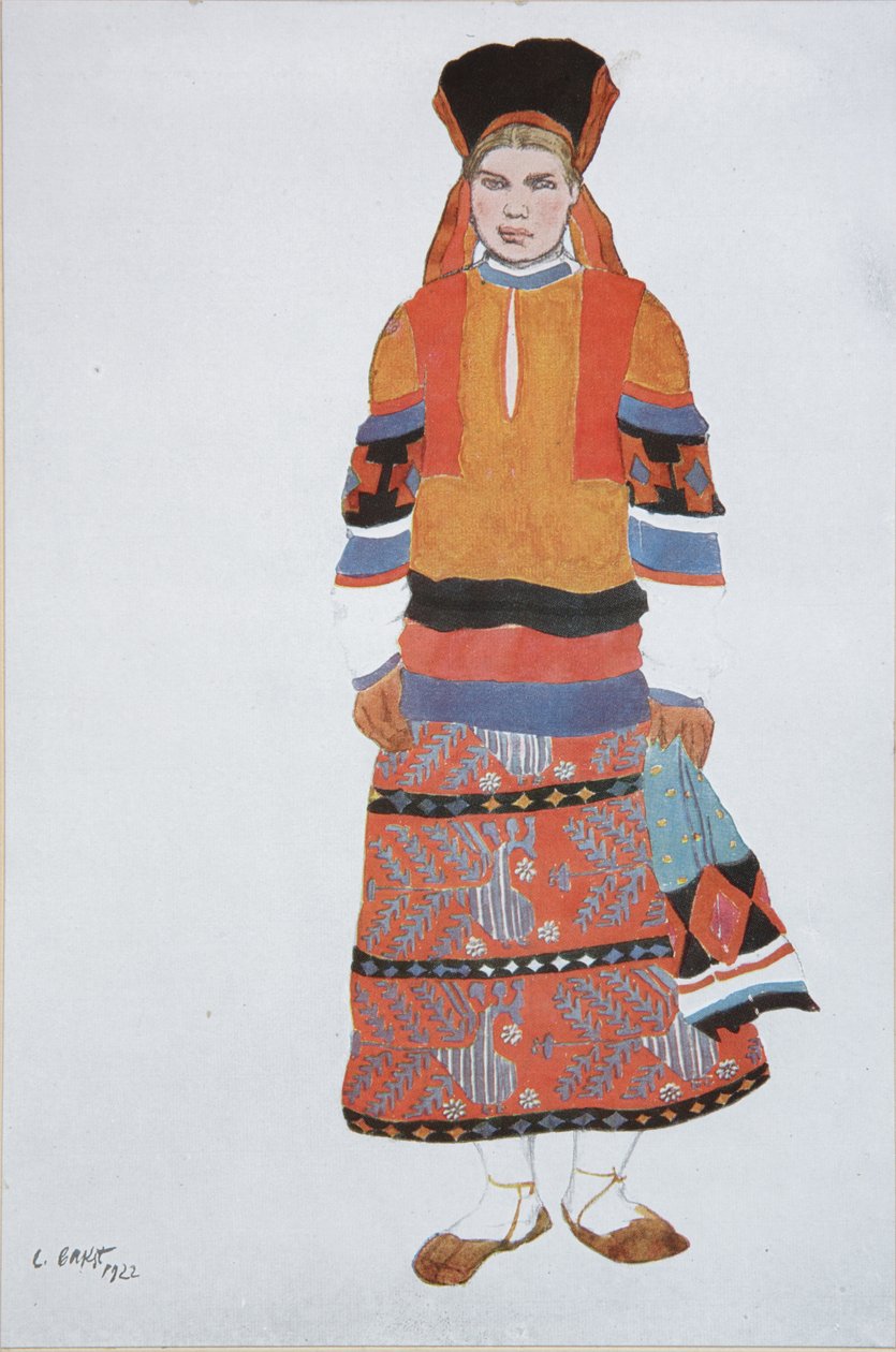 Talonpoikanainen. Pukusuunnittelu Vaudeville Old Moskovaan Théâtre Feminassa Pariisissa, 1922 tekijältä Leon Bakst