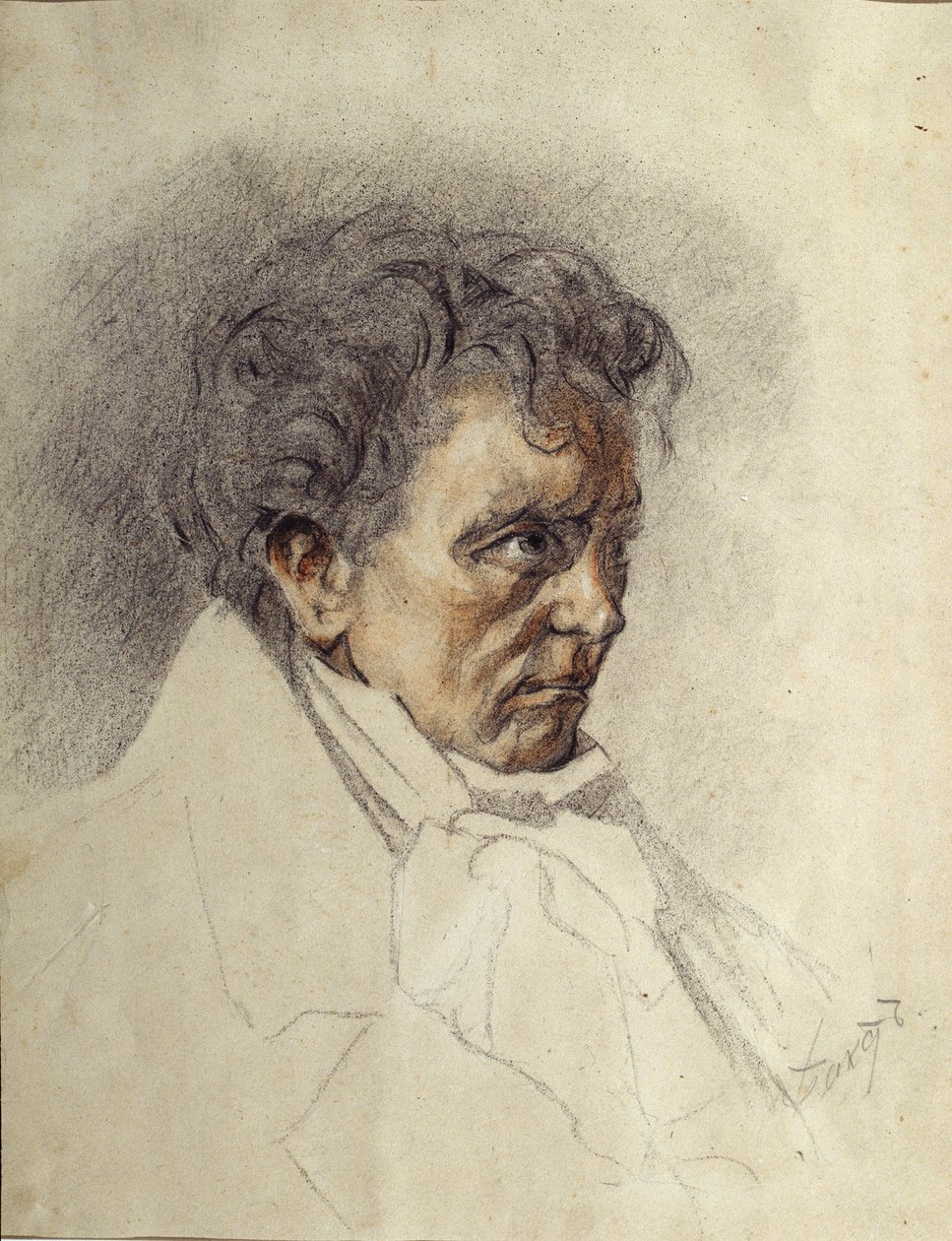 Ludwig van Beethovenin (1770-1827) muotokuva (Ludwig van Beethoven). Leon Bakstin (1866-1924) maalaus. Akvarelli ja pastelli paperille, 29,5 x 23,5 cm. Venäläistä taidetta, 1800-luvun loppu 1900-luvun alku. Kirgisian tasavallan valtion taidemuseo, Biškek ( tekijältä Leon Bakst