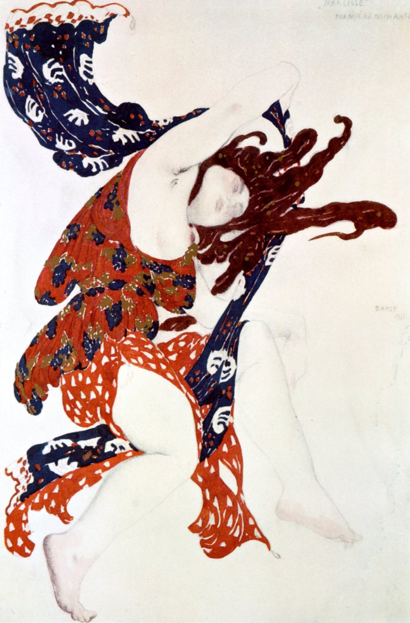 Ensiesitys Bacchante, pukusuunnittelu tuotantoon Tcherepnins Narcisse, 1911 tekijältä Leon Bakst