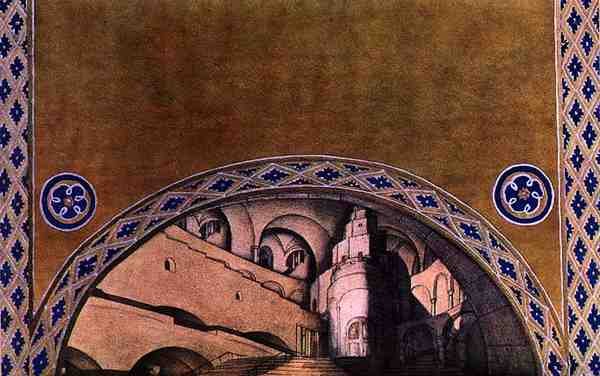 Lavastesuunnittelu Pyhän Sebastianin marttyyrille, n. 1911-22 (värilitho) tekijältä Leon Bakst