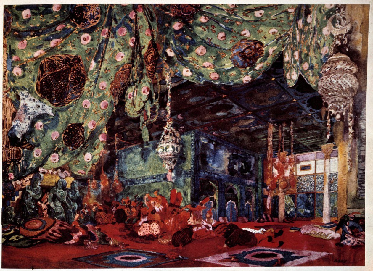 Lavastus Leon Bakst (1866-1924), venäläinen taidemaalari ja sisustussuunnittelija Nikolai (Nikolai) Rimski Korsakovin (Rimski-Korsakov) (1844-1908) oopperaan ""Sheherazade"" (Sheherazade). tekijältä Leon Bakst