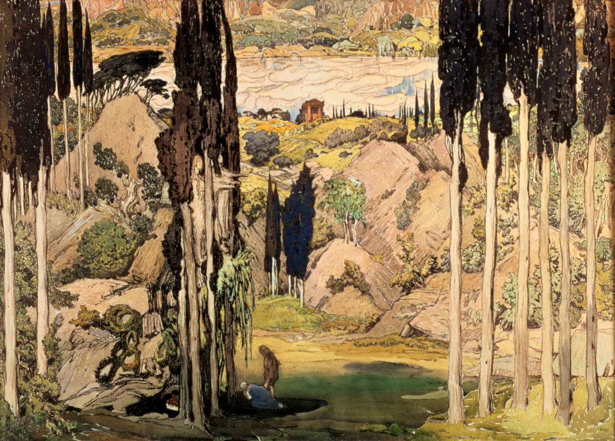 Lavastus II näytökseen Baletti Russes -tuotannosta Ravels Daphnis ja Chloe, 1912 tekijältä Leon Bakst