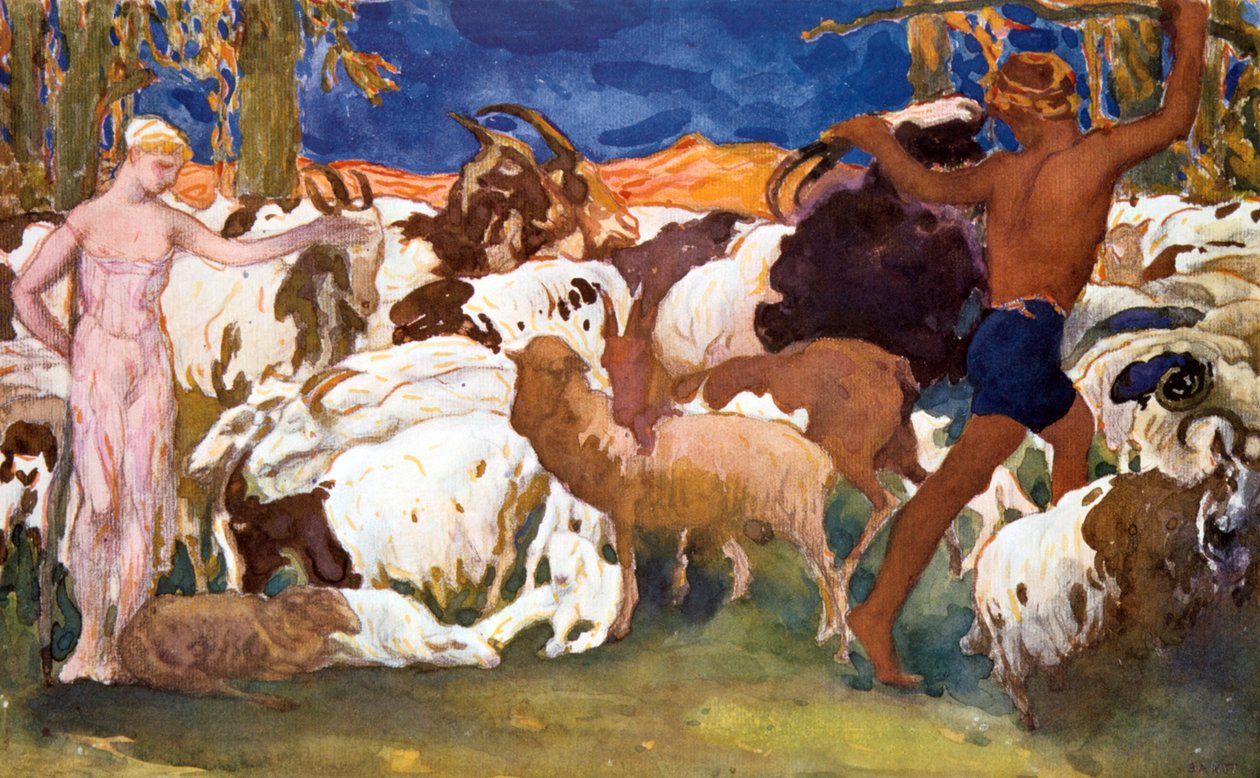 Lavastus Ballets Russes -tuotannolle Ravels Daphnis et Chloe, 1912 tekijältä Leon Bakst