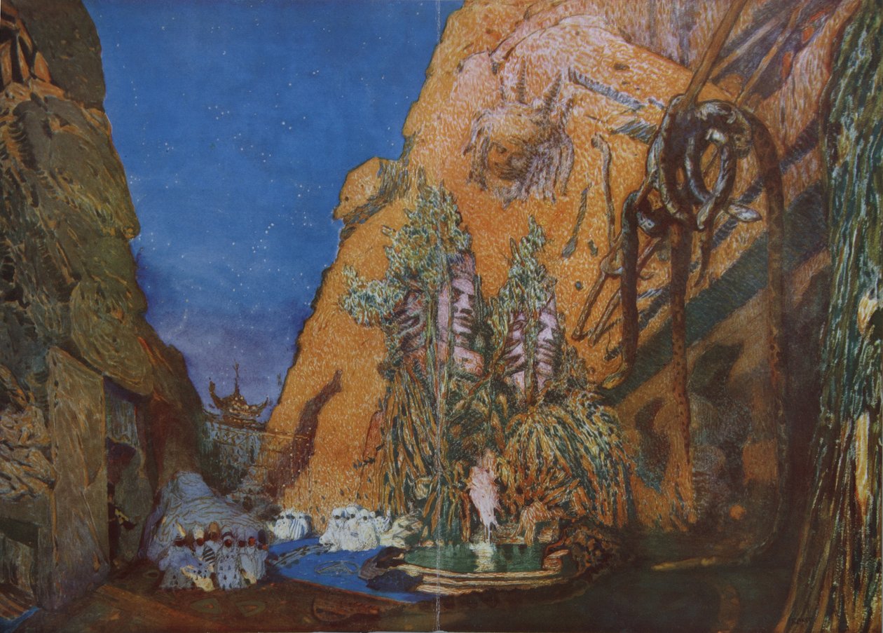 Lavastus R. Hahnin baletinsiniselle jumalalle, 1912 tekijältä Leon Bakst
