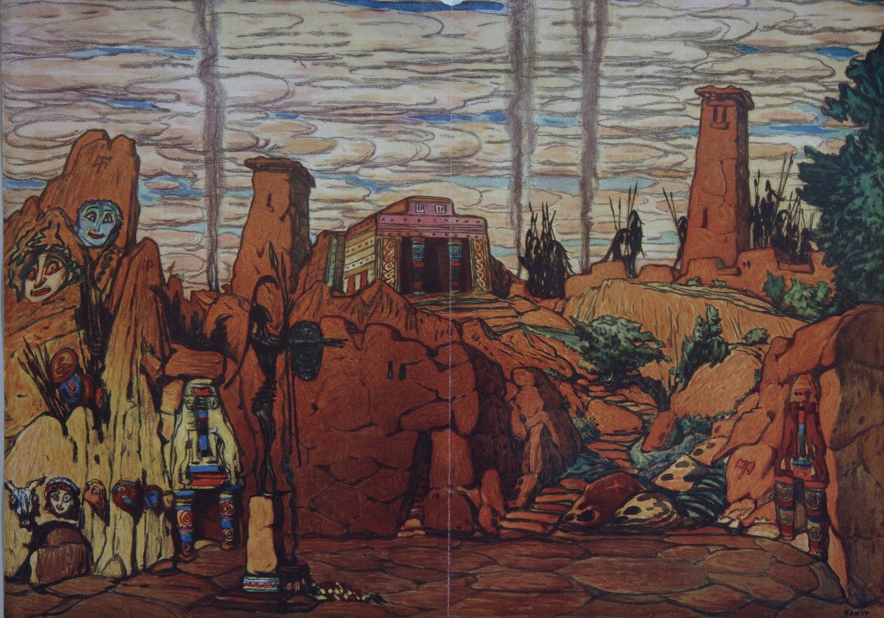 Lavastus E. Verhaerenin ja D. de Séveracin balettiin Hélène de Sparte, 1912 tekijältä Leon Bakst
