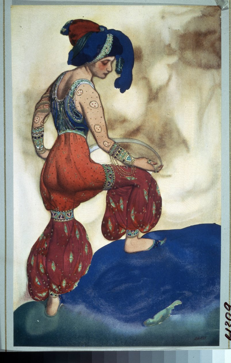 Sulttaani, puku Nicolas (Nikolai) Rimski Korsakovin (Rimski-Korsakovin) (1844-1908) balettiin "Sheherazade" Tuhannen ja yhden yön tarinoiden jälkeen. N.Rimski Korsakovin prinsessa (Rimski-Korsakov). Piirustus Leon Baxt (1866-1924). Guassi ja kulta tekijältä Leon Bakst