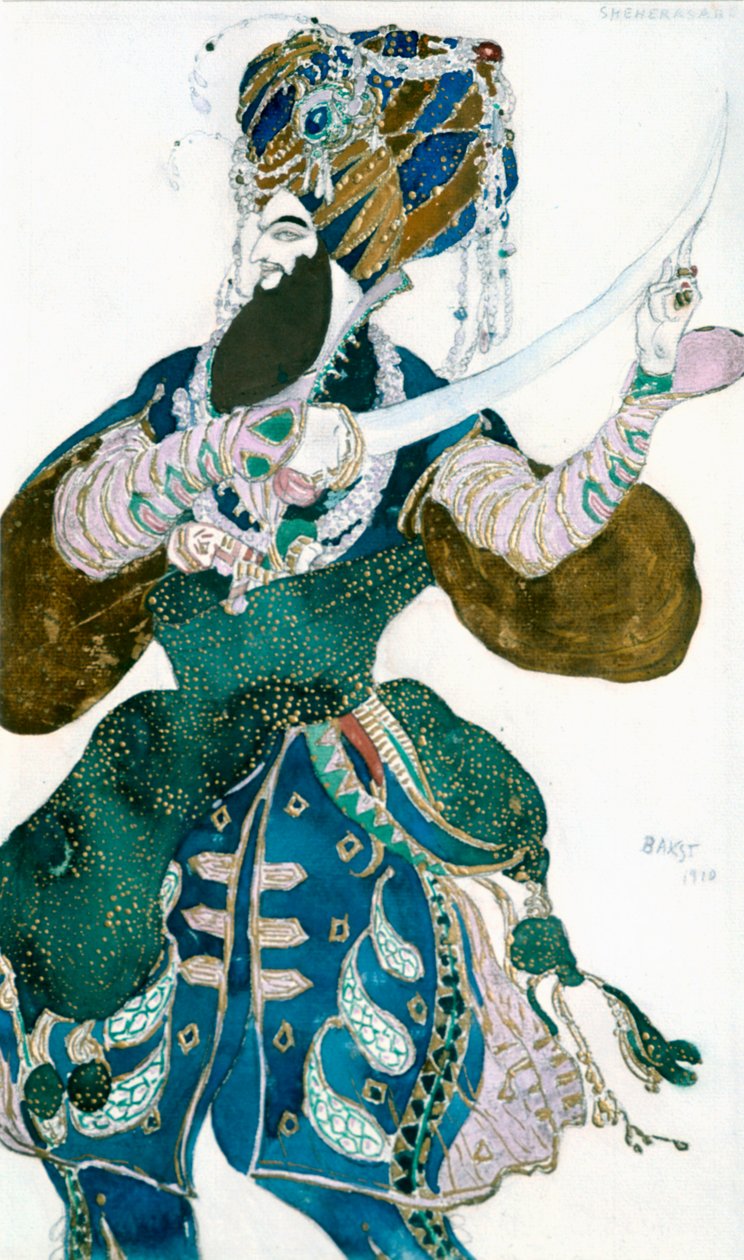 The Shah of Persia, pukusuunnittelu Ballets Russes -tuotannolle Scheherazade, vuodelta 1913. tekijältä Leon Bakst