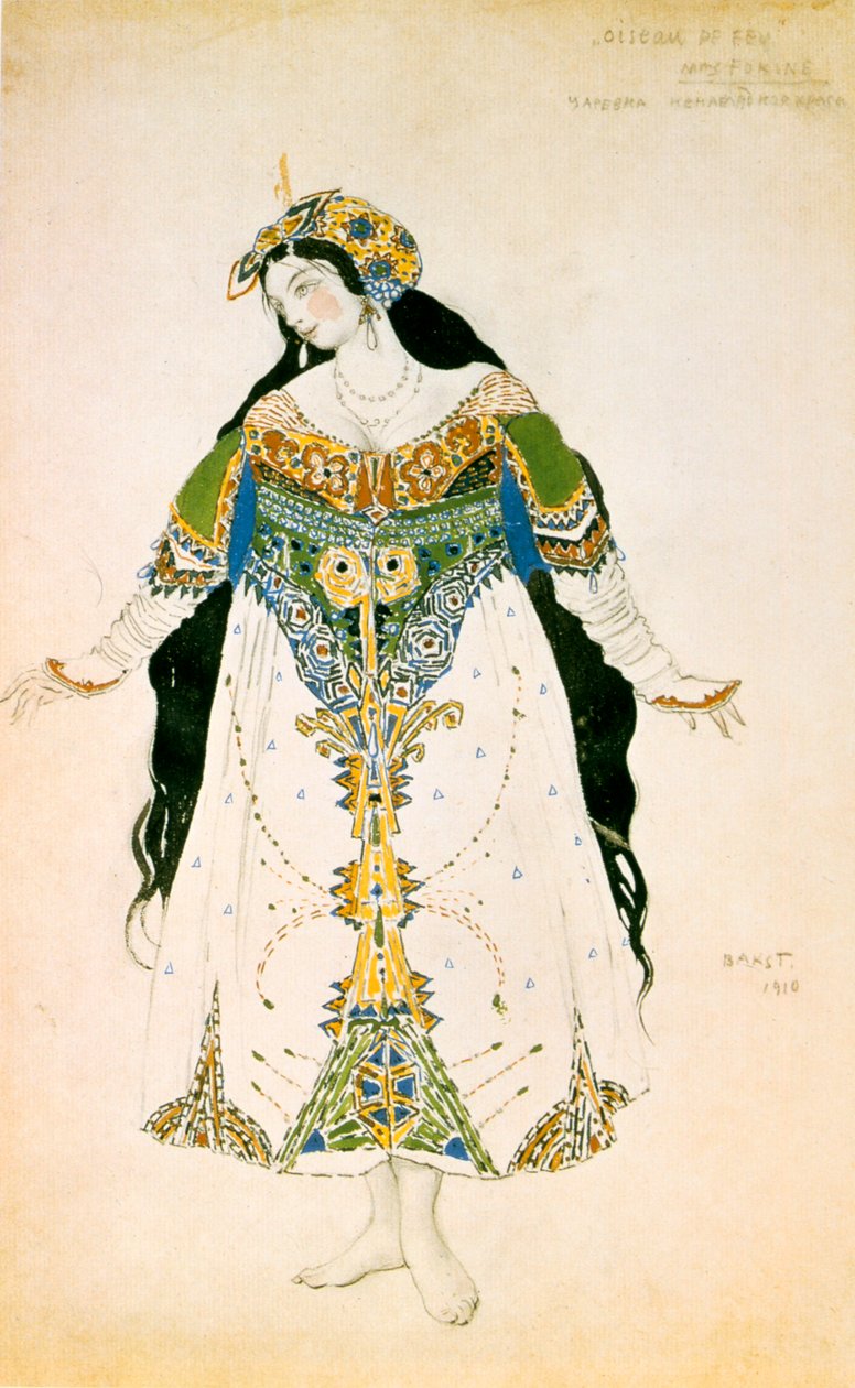 Tsarevna, pukusuunnittelu Ballets Russes -tuotannolle Stravinskyn Tulilintu, 1910 tekijältä Leon Bakst