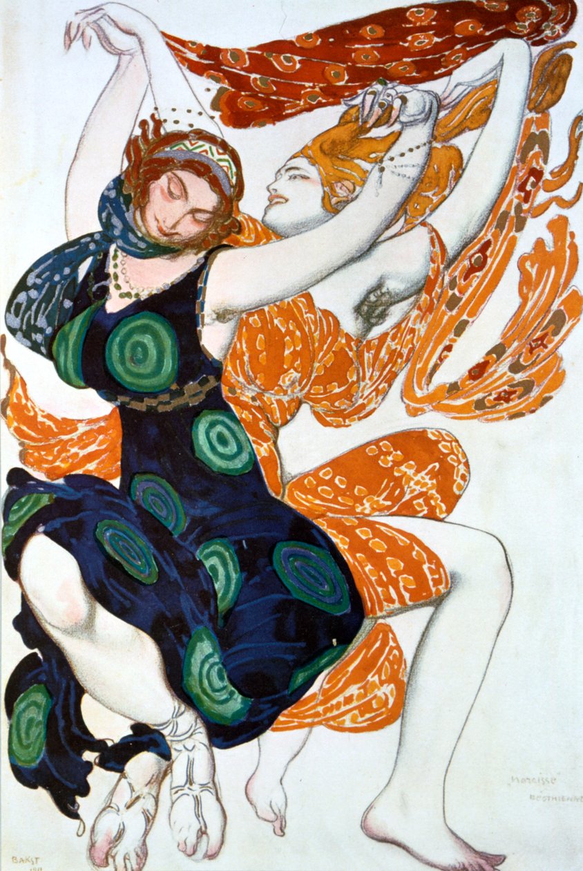 Kaksi Bacchantea, pukusuunnittelu Ballets Russes -tuotantoon Tcherepnins Narcisse, 1911 tekijältä Leon Bakst