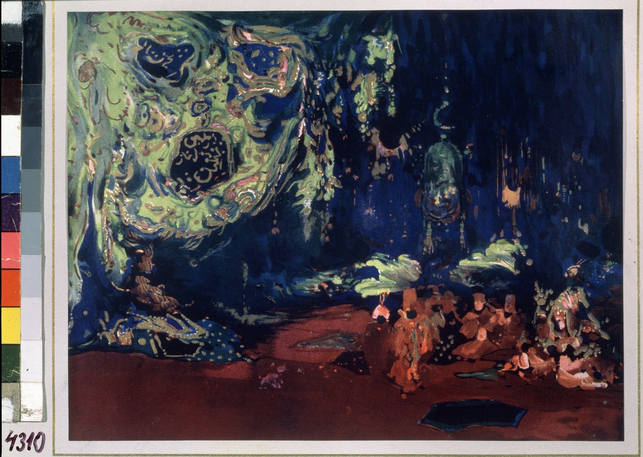 sisustus balettiin "Sheherazade", ohjaaja Nicolas (Nikolai) Rimski Korsakov (Rimski-Korsakov) (1844-1908) tekijältä Leon Bakst