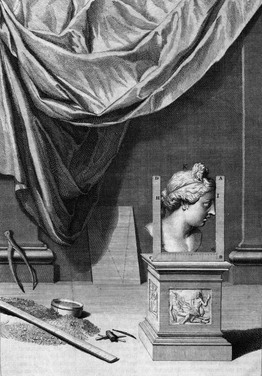 Herkkuja arkkitehtuurista, klassisen patsaan rintakuva ja arkkitehtoniset työkalut: taulu otettu "" De Architectura Libri decem" -levystä, jonka on kirjoittanut Leon Battista Alberti (1404-1472), arkkitehti, matemaatikko, italialainen renessanssin runoilij tekijältä Leon Battista Alberti