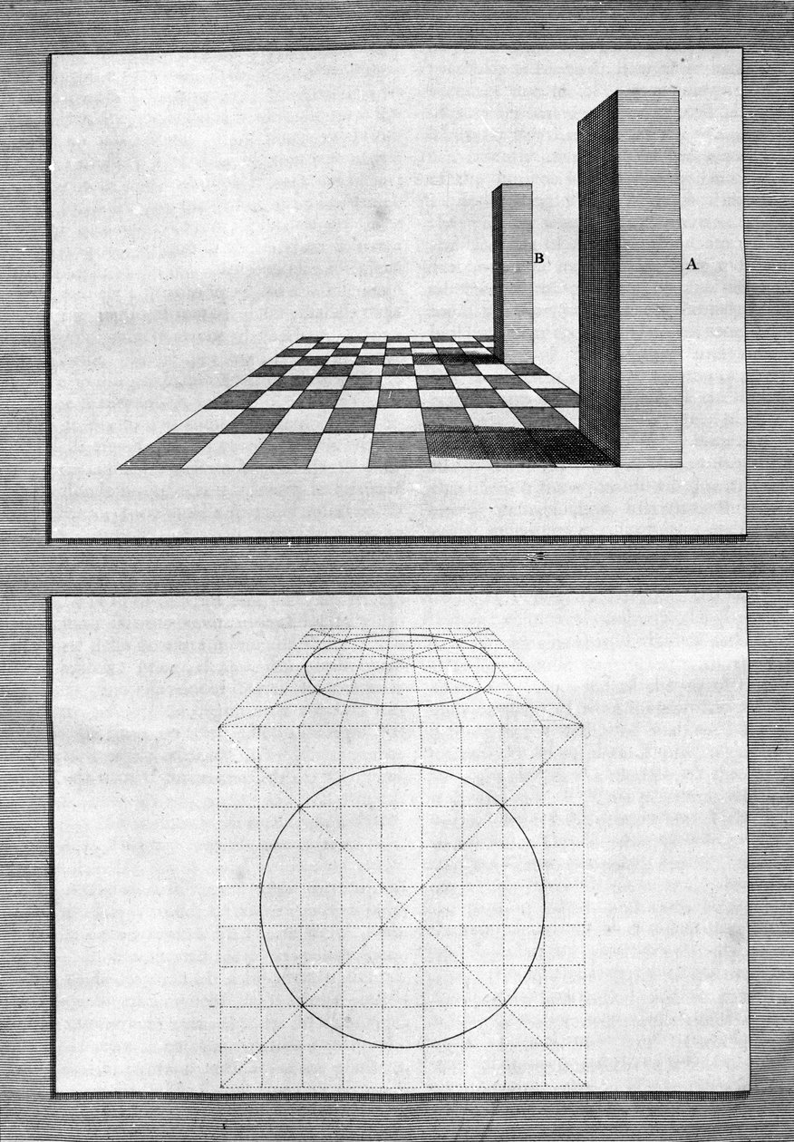 Käsitteitä arkkitehtuurista, perspektiivistä ja geometriasta: taulu otettu "" De Architectura Libri decem" -levystä, jonka on kirjoittanut Leon Battista Alberti (1404-1472), arkkitehti, matemaatikko, italialainen renessanssin runoilija, Lontoo tekijältä Leon Battista Alberti