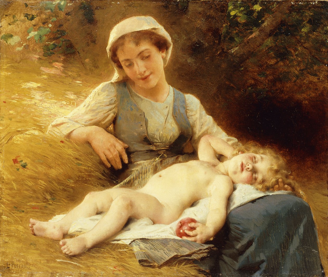 Äiti nukkuvan lapsensa kanssa, 1896 tekijältä Leon Bazile Perrault