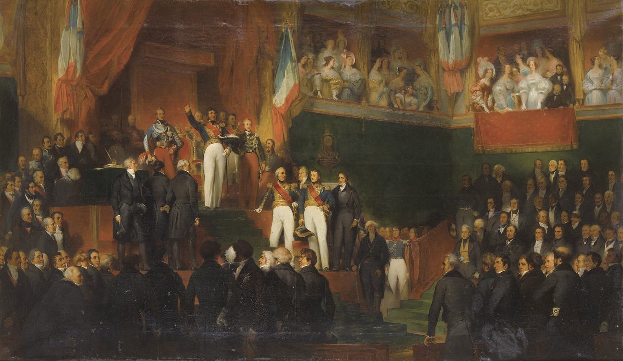 LOUIS-PHILIPPE (1773-1850) VANAN VALAN PIDÄTTÄVÄN VUODEN 1830 PERUSKIRJAA KAMMIEN LÄSTÖLLÄ, 9. ELOKUUTA 1830 LeON-JEAN-BASILLE PERRAULTin maalaus JA HÄNEN STUDIO - Louiss-wornpe I ennen kuningasta Edustajainhuone, 9. elokuuta 1830 pa tekijältä Leon Bazile Perrault