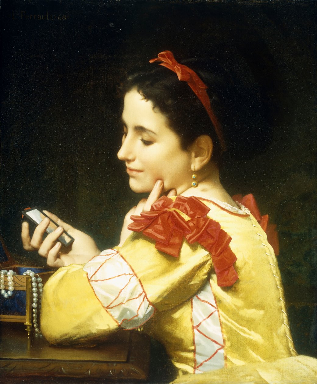Lady Looking In Hand Mirror, 1868 tekijältä Leon Bazile Perrault