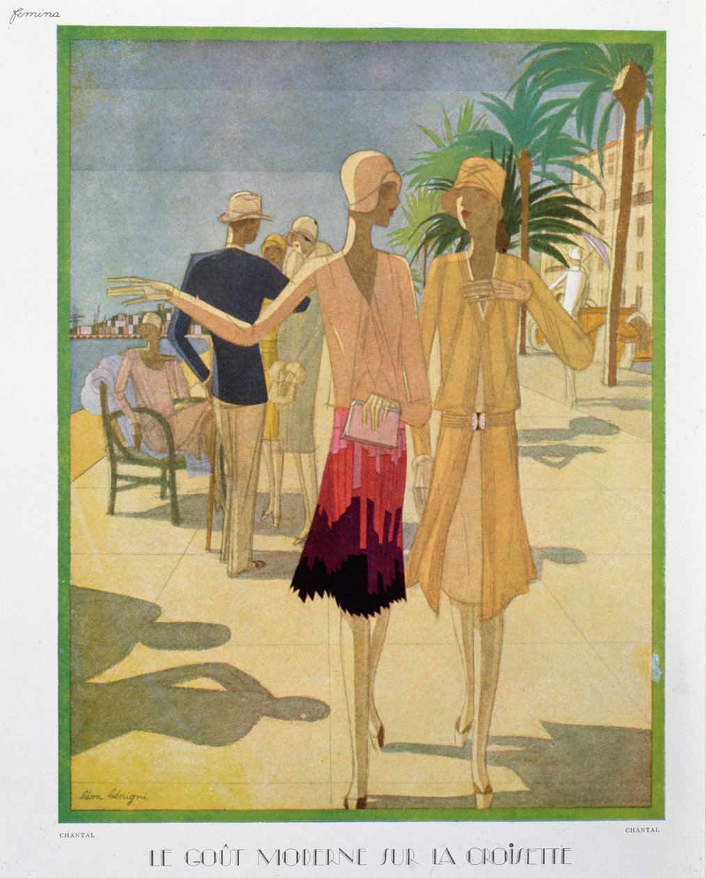 Muodikkaat ihmiset kävelemässä Croisette Promenadella Cannesissa, kuvitus Femina-lehdestä, joulu 1927 (värilitho) tekijältä Leon Benigni