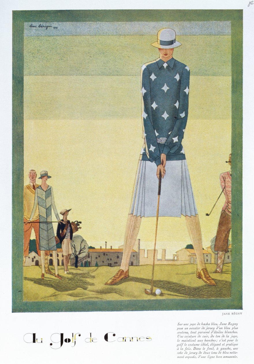 Jane Regnyn golfpukusuunnittelu, muotilevy Femina-lehdestä, joulu 1926 (väri litho) tekijältä Leon Benigni