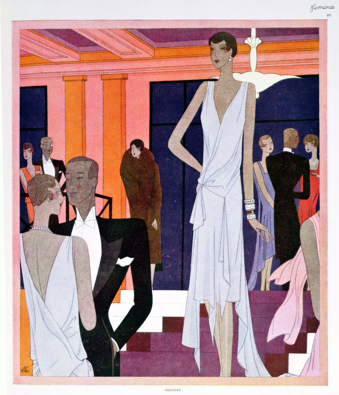 Miramar Cannesissa, muotilevy Femina-lehdestä, joulukuu 1928 (värilitho) tekijältä Leon Benigni