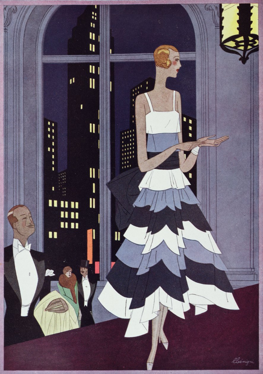 Under the Eyes of New York Skyscrapers, muotilevy Femina-lehdestä, joulukuu 1928 (värilitho) tekijältä Leon Benigni