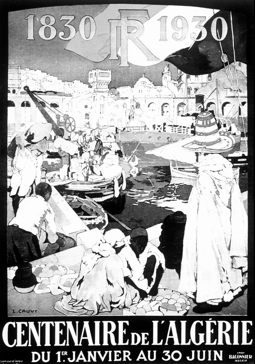 Näyttelyjuliste Alger 1830 - 1930 piirustus ranskalainen Algeria Alger 100 vuotta -juliste tekijältä Leon Cauvy