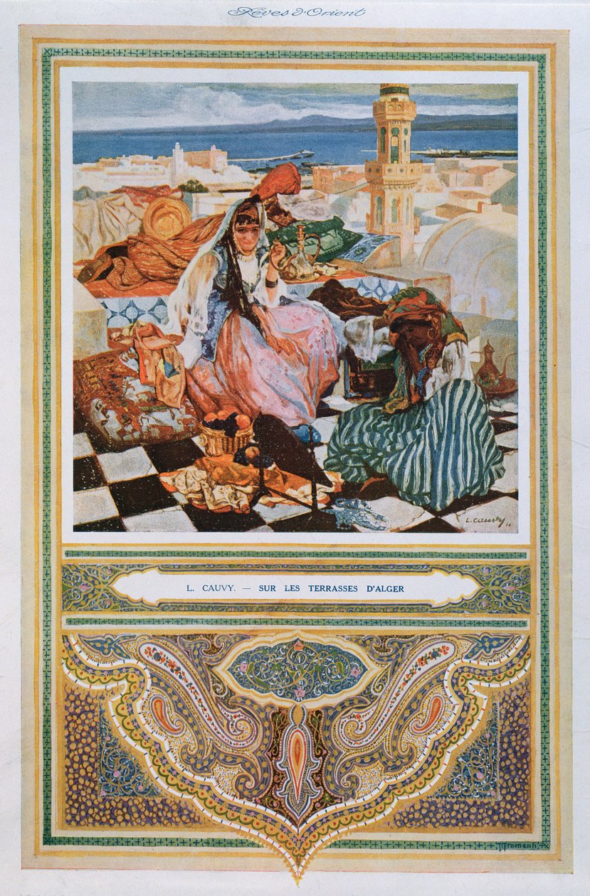 Nainen polttaa Shishaa (vesipiippua) terassilla Algerissa, n. 1900 9värinen lito) tekijältä Leon Cauvy
