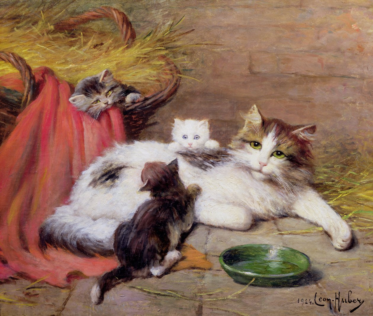 Kissa pentujen kanssa, 1924 tekijältä Leon Charles Huber