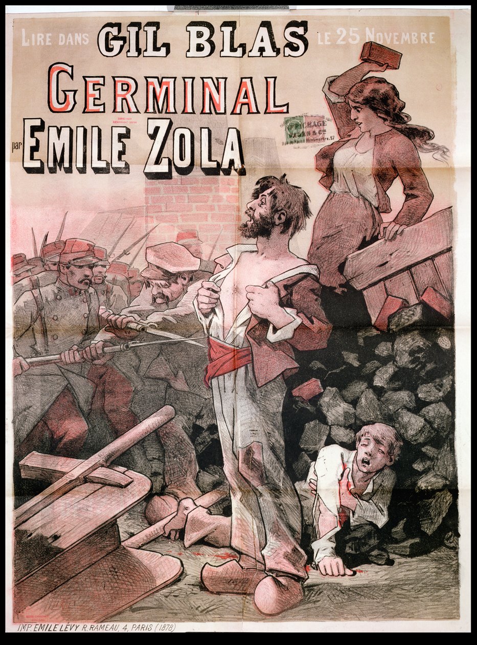 Juliste, joka mainostaa Emile Zolan (1840-1902) julkaisua "Germinal" Gil Blasissa, 25. marraskuuta 1878 tekijältä Leon Choubrac