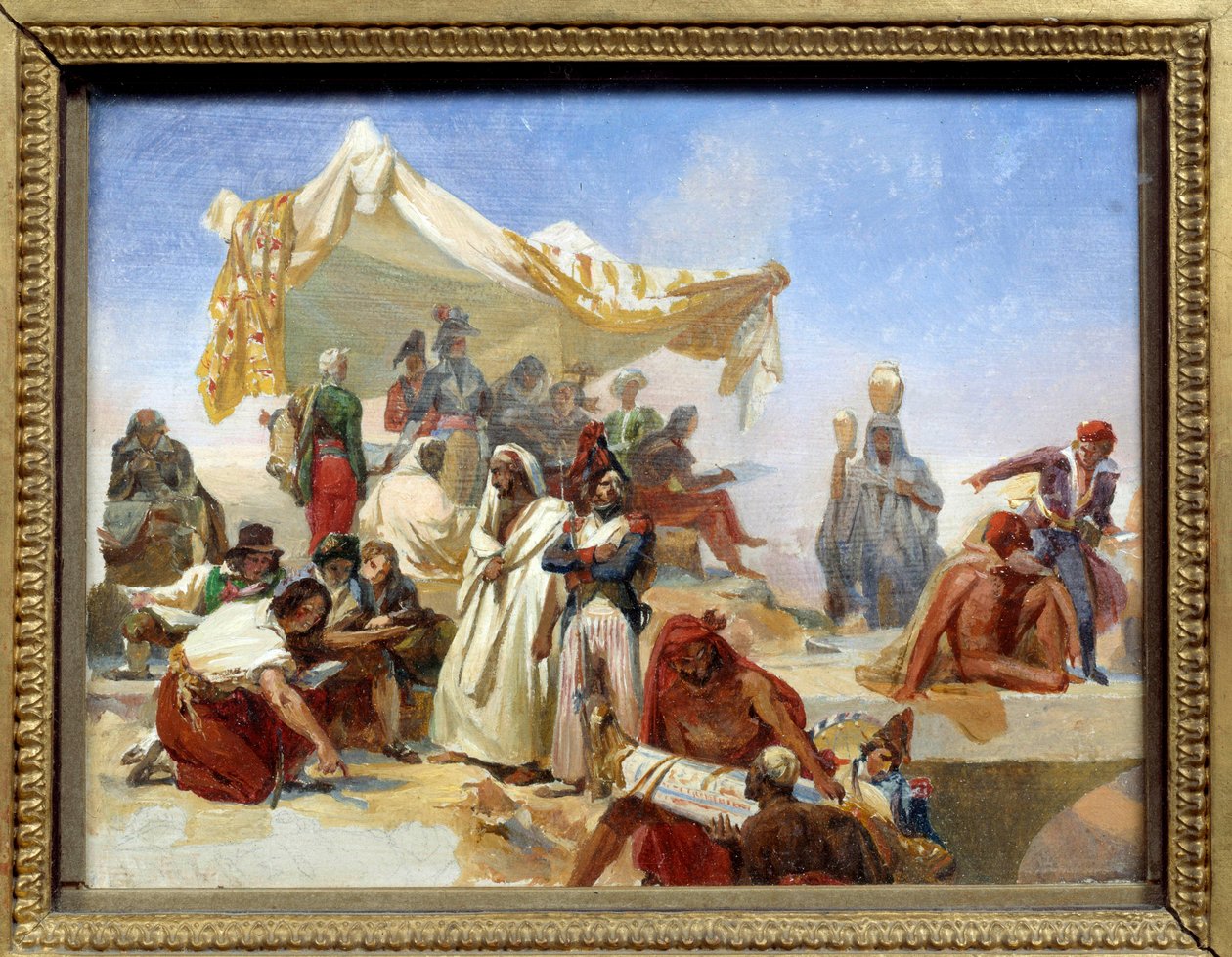 Egyptin kampanja (1798-1801): "" Egyptin retkikunta Napoleon Bonaparten (1769-1821) käskyn alla"" Leon Cognietin (1794-1880) maalaus 1800-luku tekijältä Léon Cogniet
