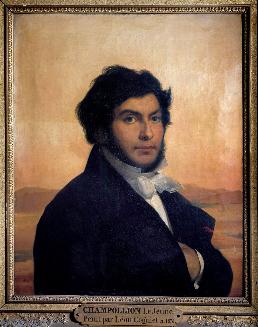 Muotokuva Jean-Francois (Jean Francois) Champollionista (1790-1832), ranskalainen egyptologi, hieroglyfien tulkinta. Leon maalaus tekijältä Léon Cogniet