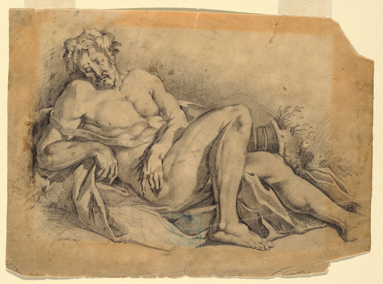 Piirros, Bacchus nukkumassa (Poussinin mukaan), 1886-92 tekijältä Leon Dabo