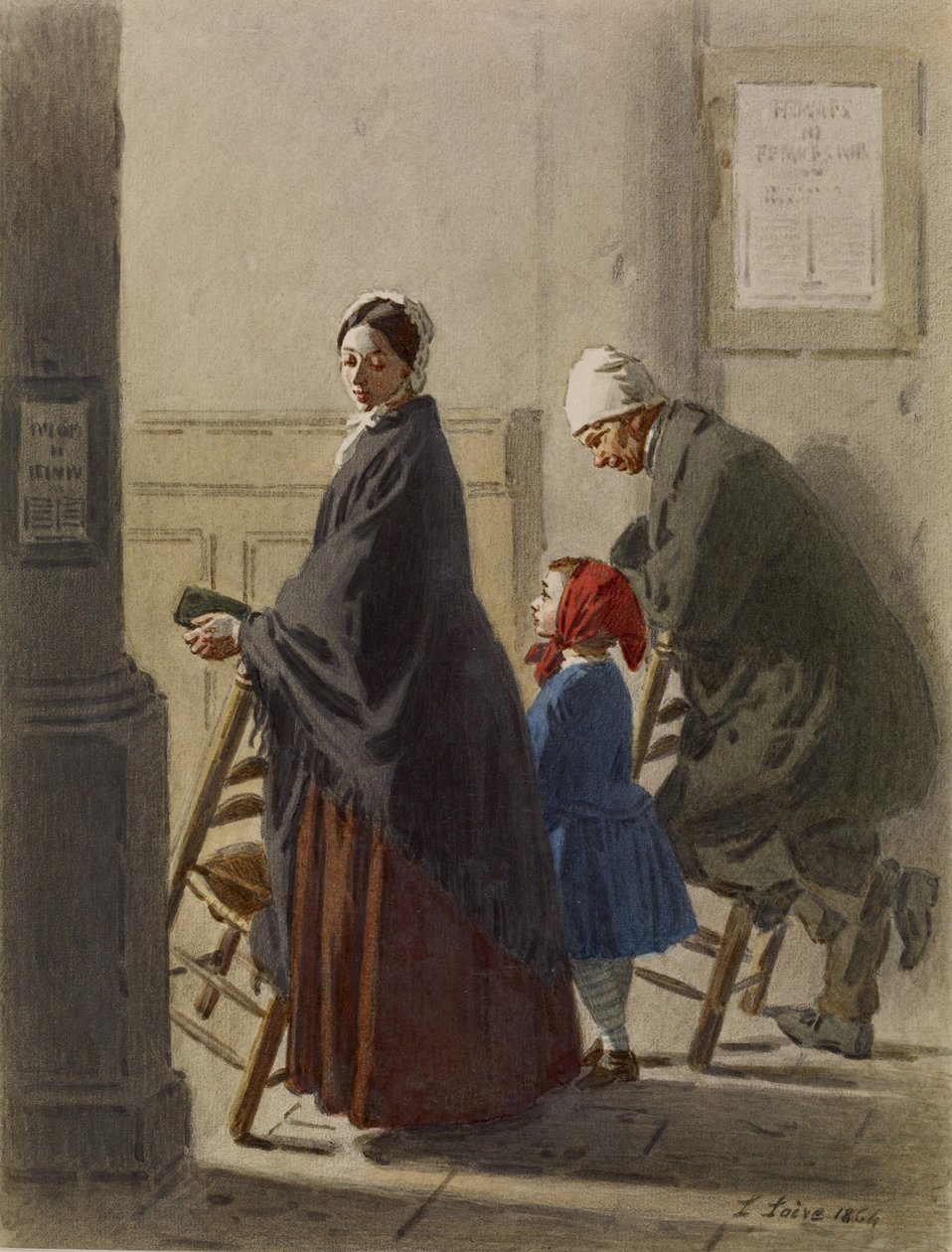 Mies, nainen ja tyttö rukouksessa kirkossa, 1864 (wc ja grafiitti paperilla) tekijältä Leon Henri Antoine Loire