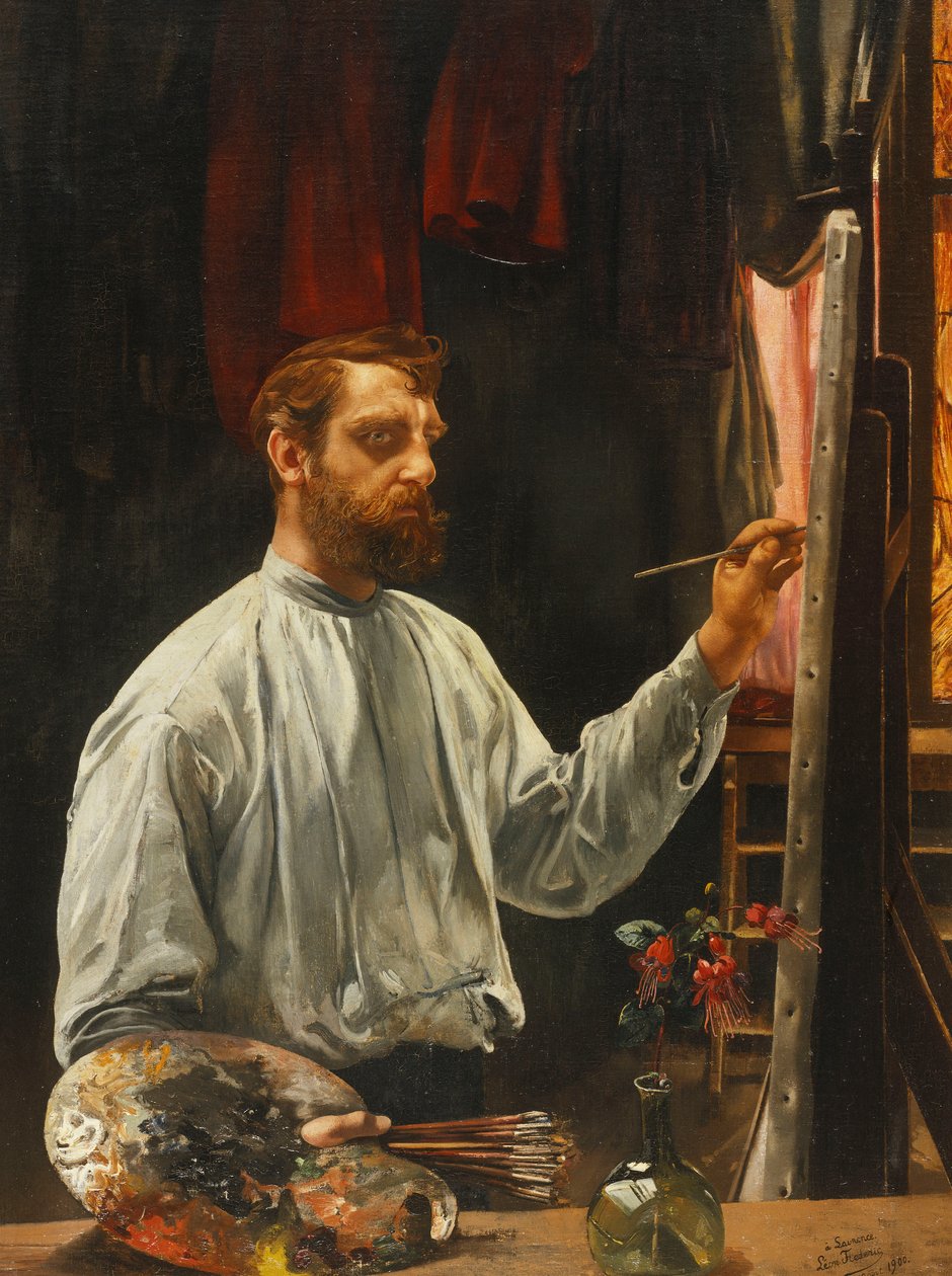 Leon Fredericin muotokuva, seisoo puolipitkänä maalaustelineessään, 1900 tekijältä Leon Henri Marie Frederic