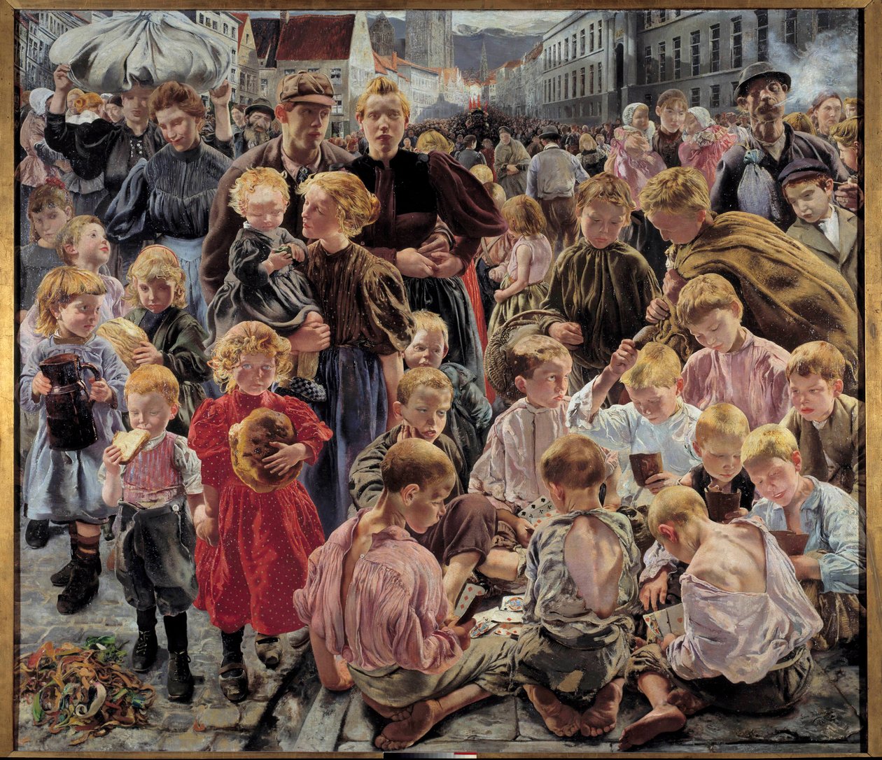 Sosiaalirealismi: "" Työläisten aikakaudet"" Keskeinen osa Leon Fredericin (1856-1940) maalausta tekijältä Leon Henri Marie Frederic