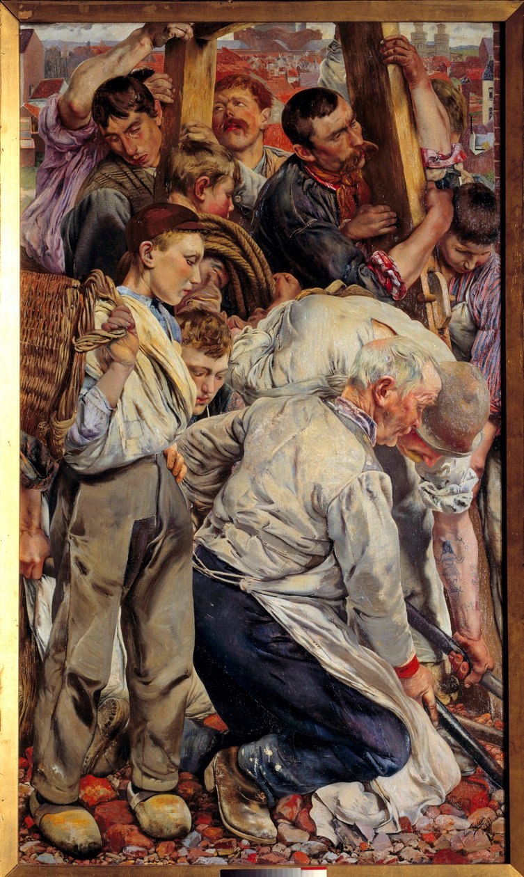 Sosiaalirealismi: "" Työläisten ajat"" Vasen osa Leon Henri Fredericin (1856-1940) triptyykistä (ec.belg) 1897 su. 1,63x0,94 m Pariisi, museo d