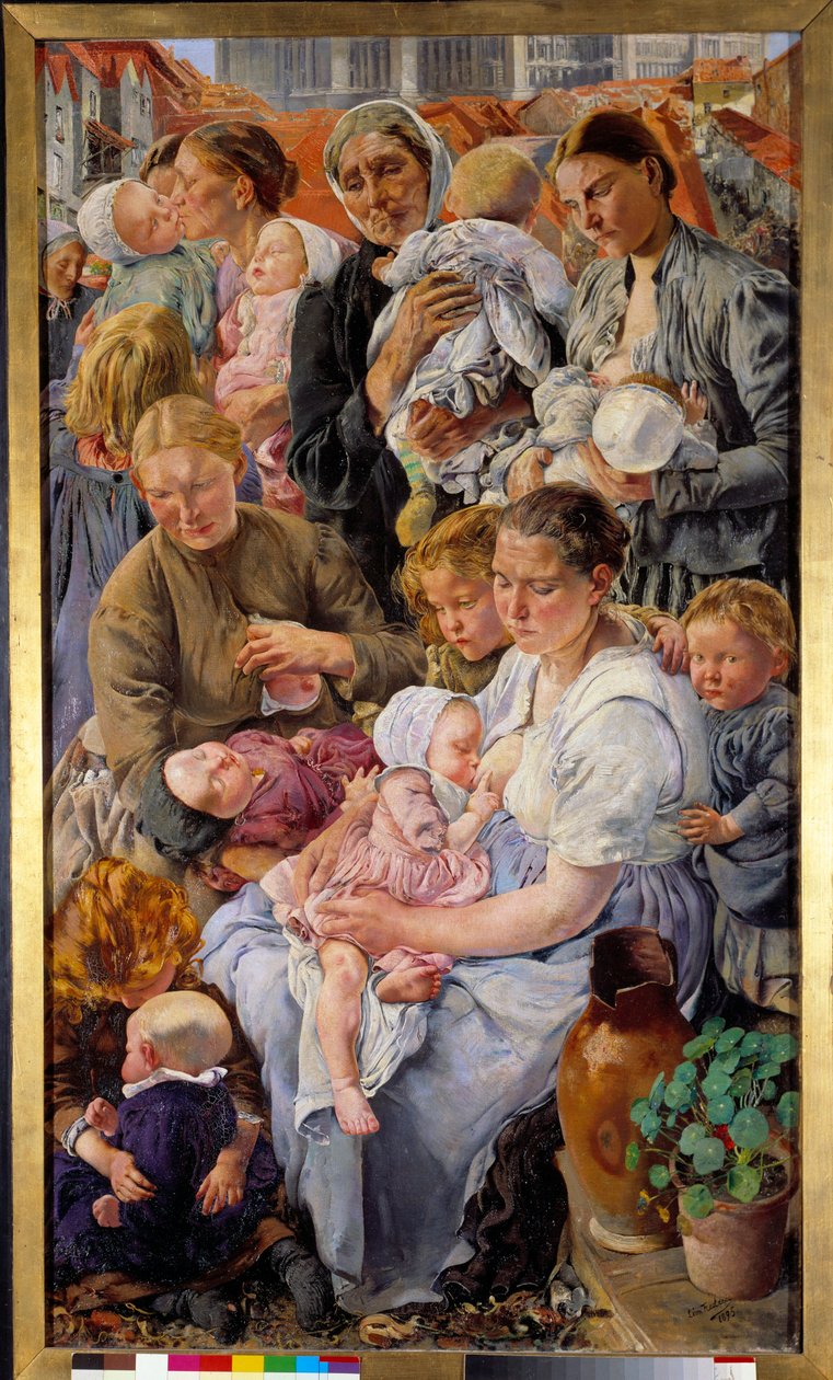 Sosiaalirealismi: "" Työläisten ajat"" Oikea osa Leon Henri Fredericin (1856-1940) triptyykistä (ec.belg) 1895 su. 1,63 x 0,94 m Pariisi, Musee d