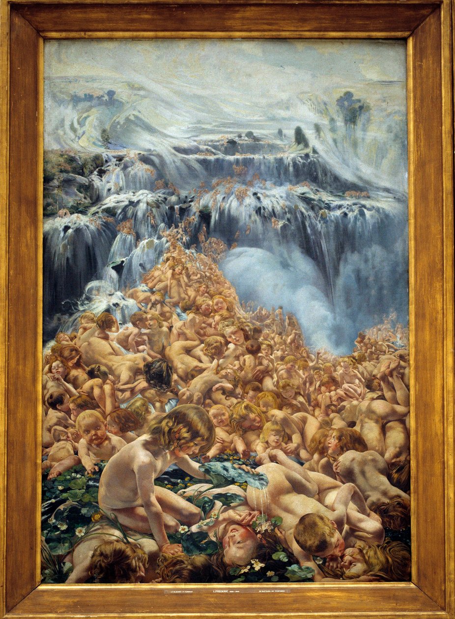Jäätikkö, puro Leon Henri Fredericin (1856-1940) (ec.belg) triptyykin "" the Creek" vasen osa 1890-1899 su. 2,05x1,27 m Bryssel, Kuninkaallinen taidemuseo tekijältä Leon Henri Marie Frederic
