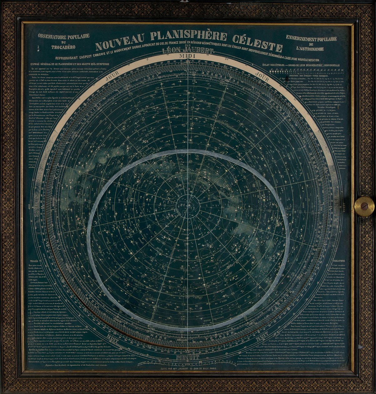 Valkoisella painettu planisfääri tummansinisellä pohjalla, noin 1900 (pahvi, kullattu). tekijältä Leon Jaubert