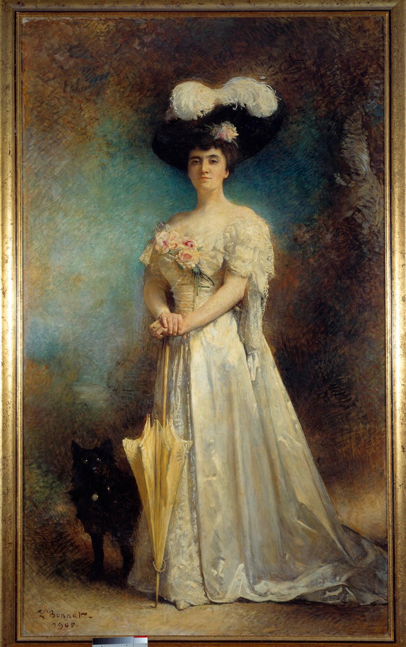 Muotokuva madame Maurice Pascalin ja pojan pojan Tiny Painting Leon Joseph Bonnat (1833-1922) 1905 su. 2,17x0,9 m Pau, musee des Beaux Arts - Täyspitkä muotokuva Madame Maurice Pascalista ja hänen koirastaan Tinysta. Leon Joseph Bonnatin maalaus (1833-19 tekijältä Leon Joseph Florentin Bonnat