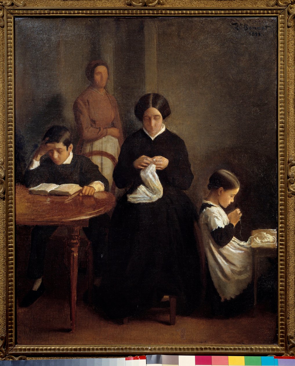 Taiteilijan perhe Le jeunen veli opiskeli, kun taas äiti ja sisko tekivät ompelutyötä. Leon Bonnatin (1833-1922) maalaus 1853 Bayonne, Musee Bonnat. tekijältä Leon Joseph Florentin Bonnat