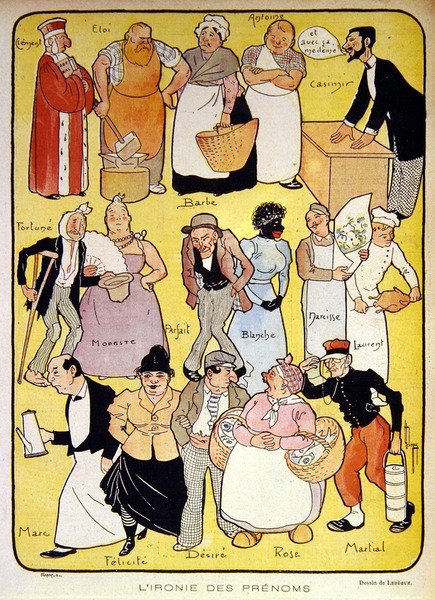 "Nimien ironia", 1900-luvun alun kuvitus "Le Rire" -lehdelle (värilitho) tekijältä Leon Lebegue