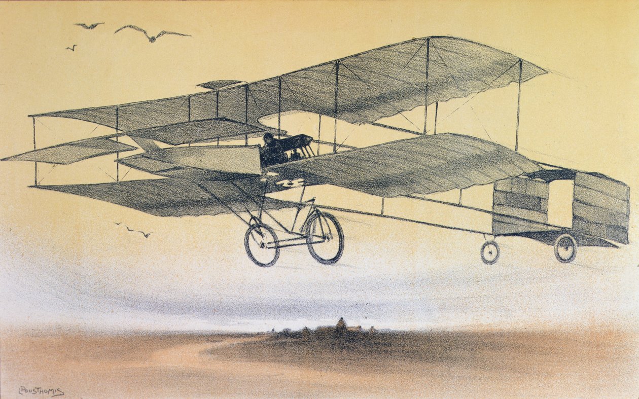 Farman Brothersin lento ennen vuotta 1914 (värilitho) tekijältä Leon Pousthomis