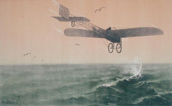 Louis Bleriot (1872-1936) ylitti Englannin kanaalin ensimmäistä kertaa lentokoneella 25. heinäkuuta 1909, n. 1910 (väri litho) tekijältä Leon Pousthomis
