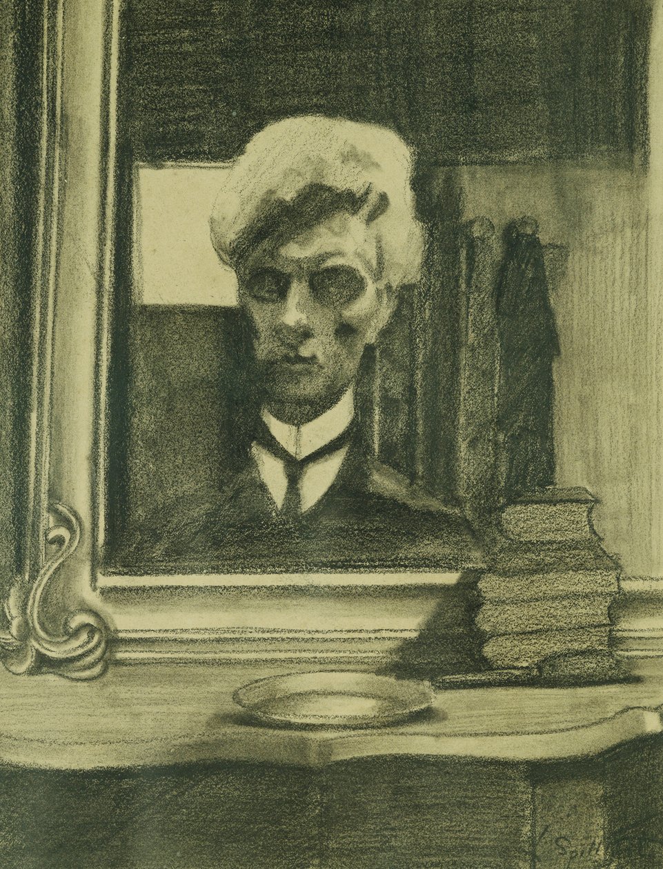Omakuva; Automuotokuva, n. 1907 (hiili ja värikynä kiillotuspaperilla) tekijältä Leon Spilliaert