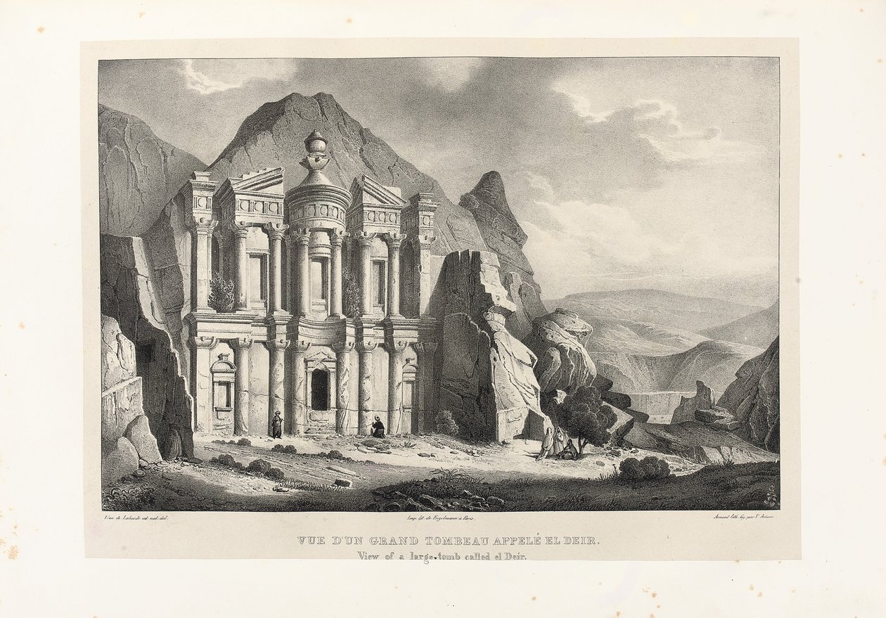 Näkymä suuresta haudasta nimeltä El Deir, Petra, 1830 tekijältä Leon de Laborde