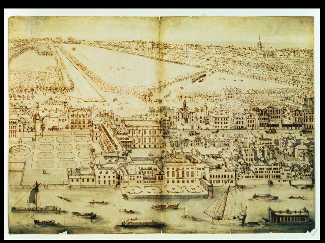 Lintuperspektiivistä Whitehallin palatsiin, n. 1695 (muste ja pesu paperille) tekijältä Leonard Knyff