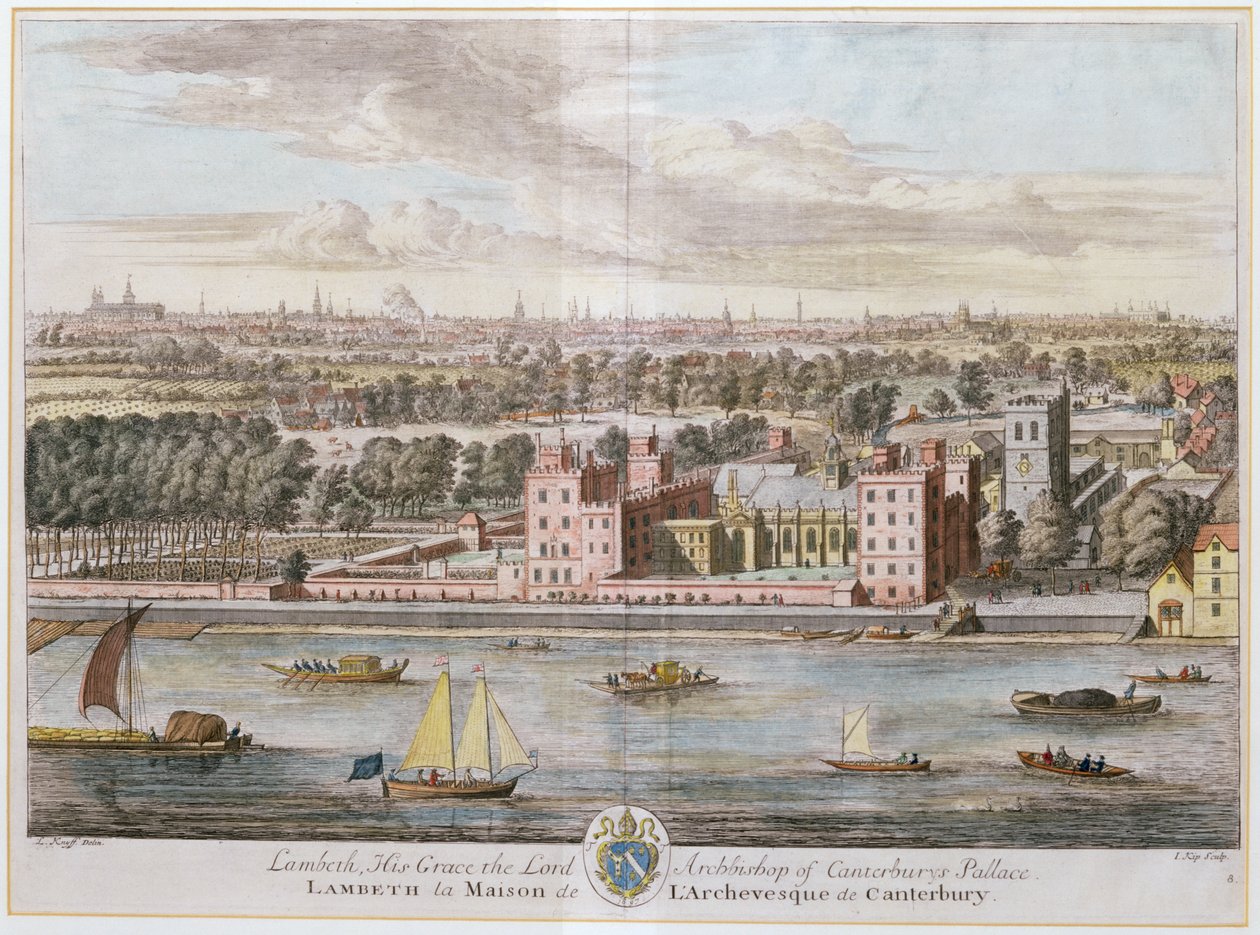 Lambethin palatsi, Canterburyn arkkipiispan istuin, kaiverrettu Johannes Kipin (n.1652-1722) toimesta. tekijältä Leonard Knyff