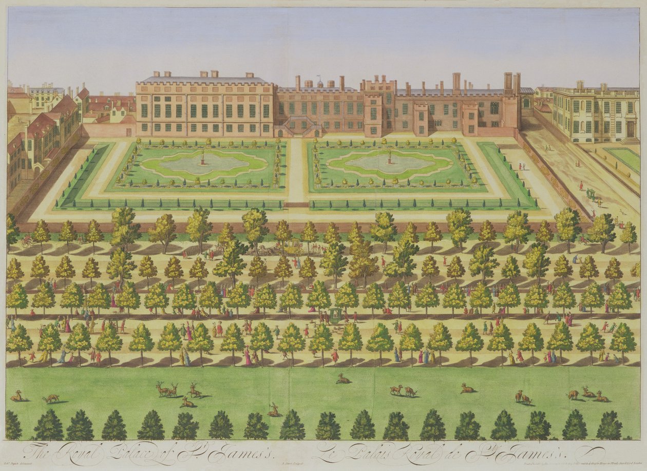 St. Jamesin kuninkaallinen palatsi", "Survey of London", kaiverrus Johannes Kip (n. 1652-1722), 1730 (värikaiverrus) tekijältä Leonard Knyff
