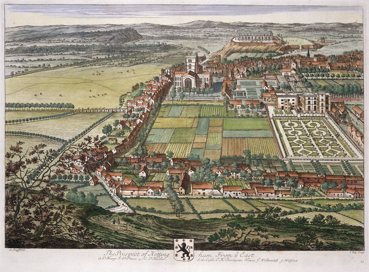 Johannes Kipin (n. 1652-1722) kaiverrus Nottinghamin näkymä idästä tekijältä Leonard Knyff