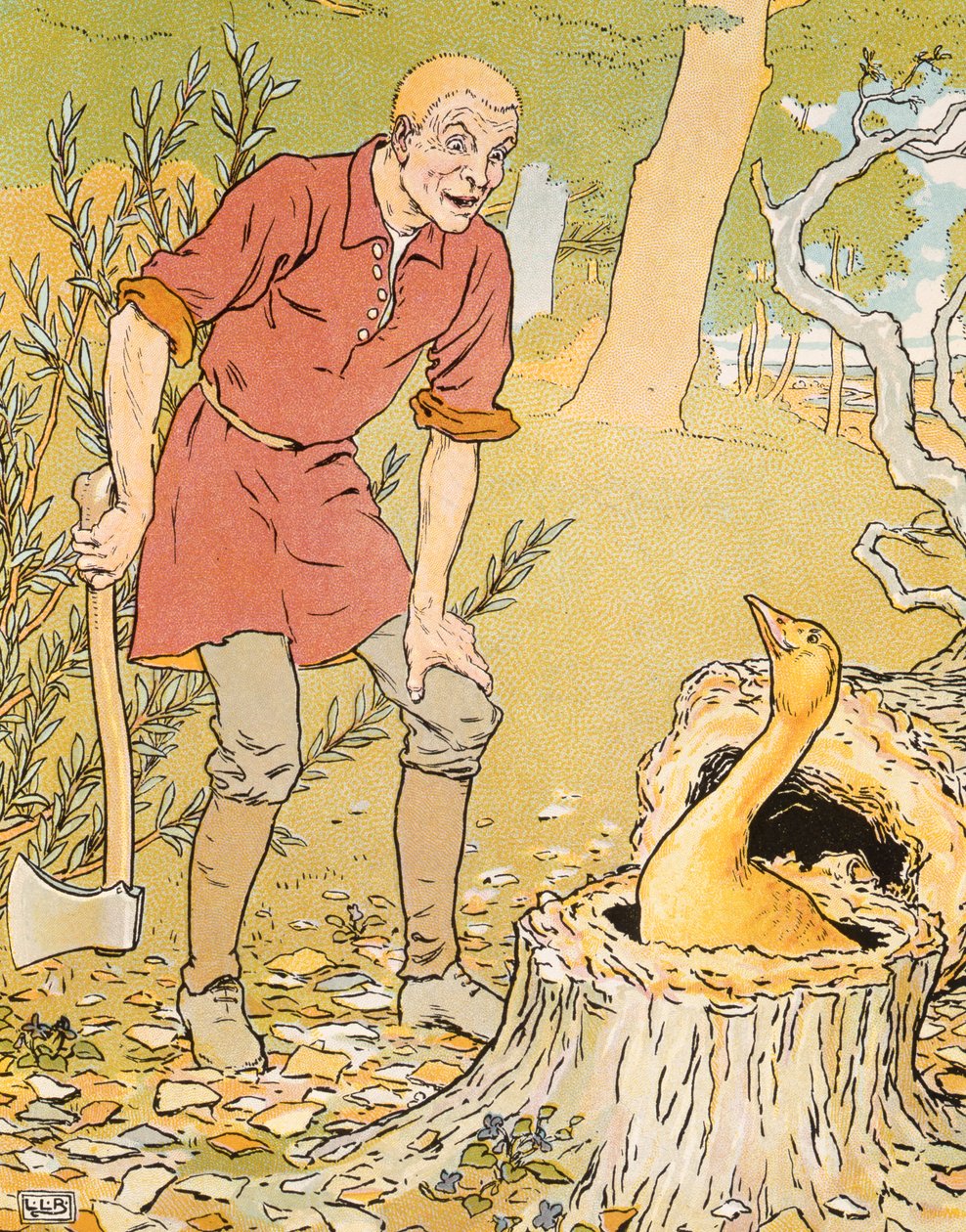 Dunderhead löysi kultaisen hanhen, kuvitus elokuvasta "The Golden Goose" tekijältä Leonard Leslie Brooke